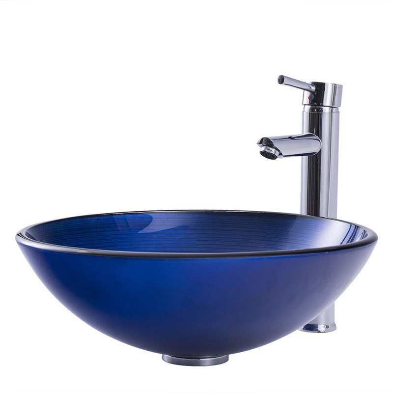 Blue Stripes Basin Modern Round Tempered Glass Bathroom Sink