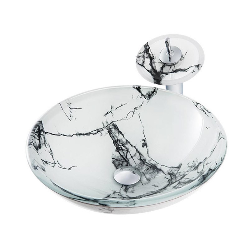 Round Sink and Tap Set Imitation Marble Glass Basin Bathroom Countertop ...