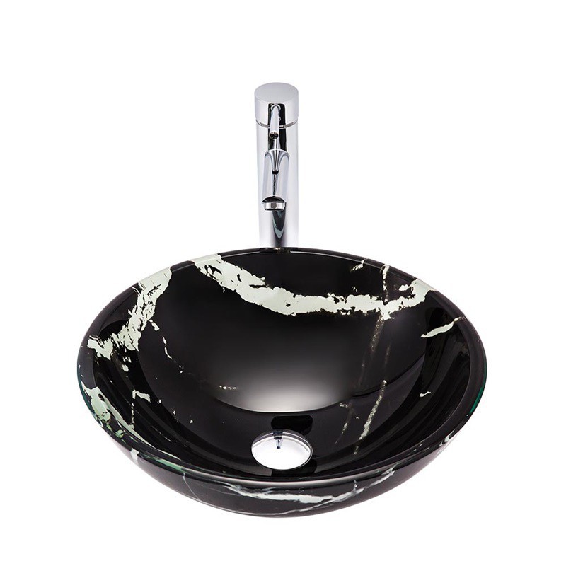 Tempered Glass Sink and Tap Set Black Round Imitation Marble Basin ...